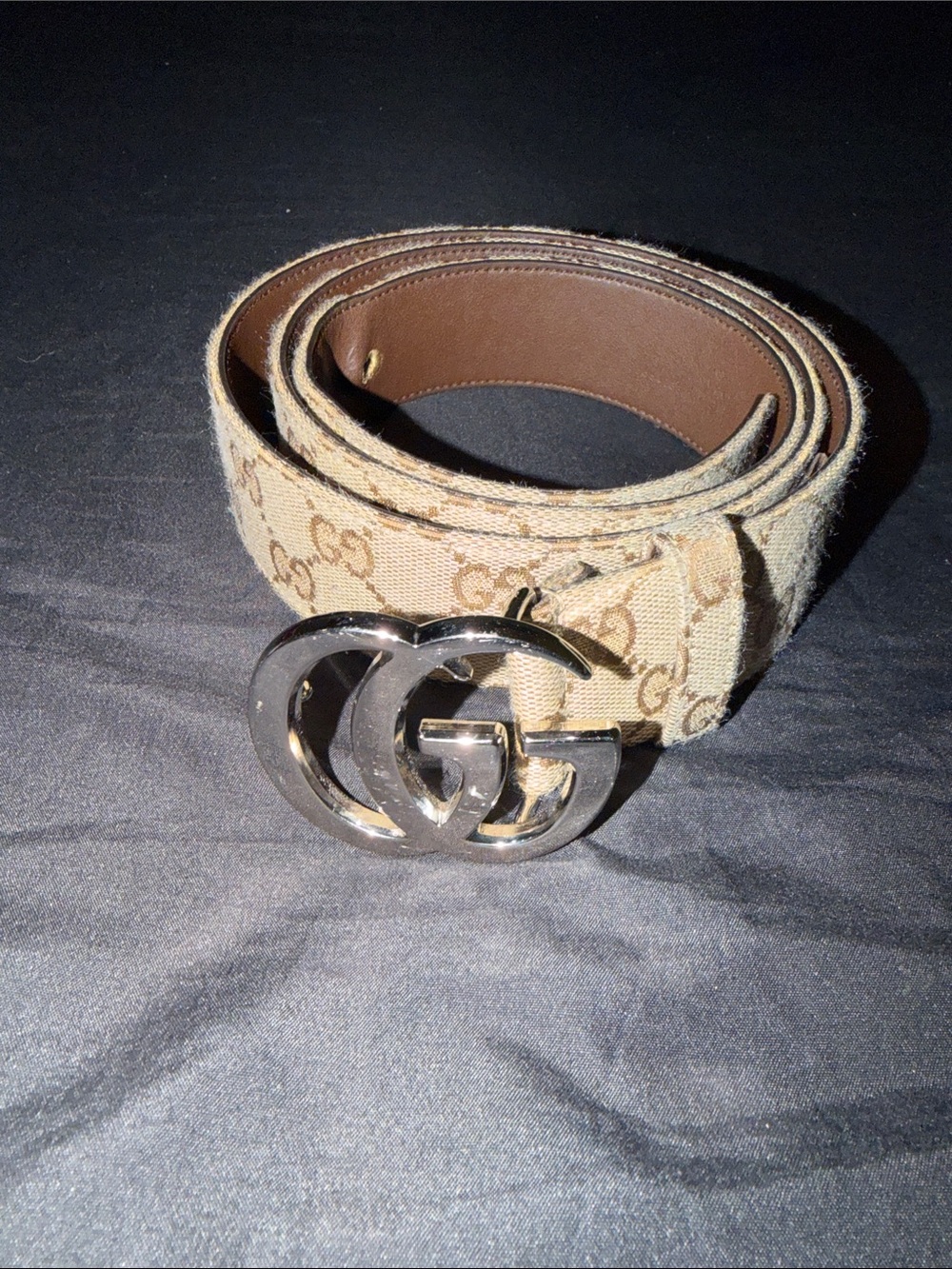 Gucci Beige GG Canvas Belt with Silver Double G Buckle